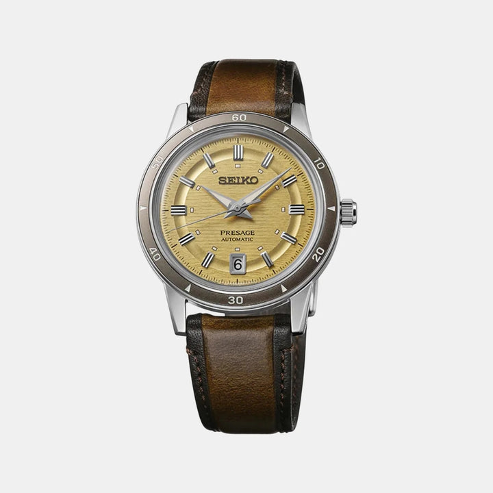 SEIKO PRESAGE STYLE 60S AUTOMATIC WATCH – 39.5MM GOLDEN YELLOW SECTOR DIAL LEATHER STRAP