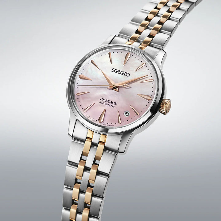SEIKO PRESAGE COCKTAIL TIME SAKURA AVIATION LIMITED EDITION AUTOMATIC LADIES WATCH – 34MM PINK MOTHER-OF-PEARL DIAL STEEL BRACELET