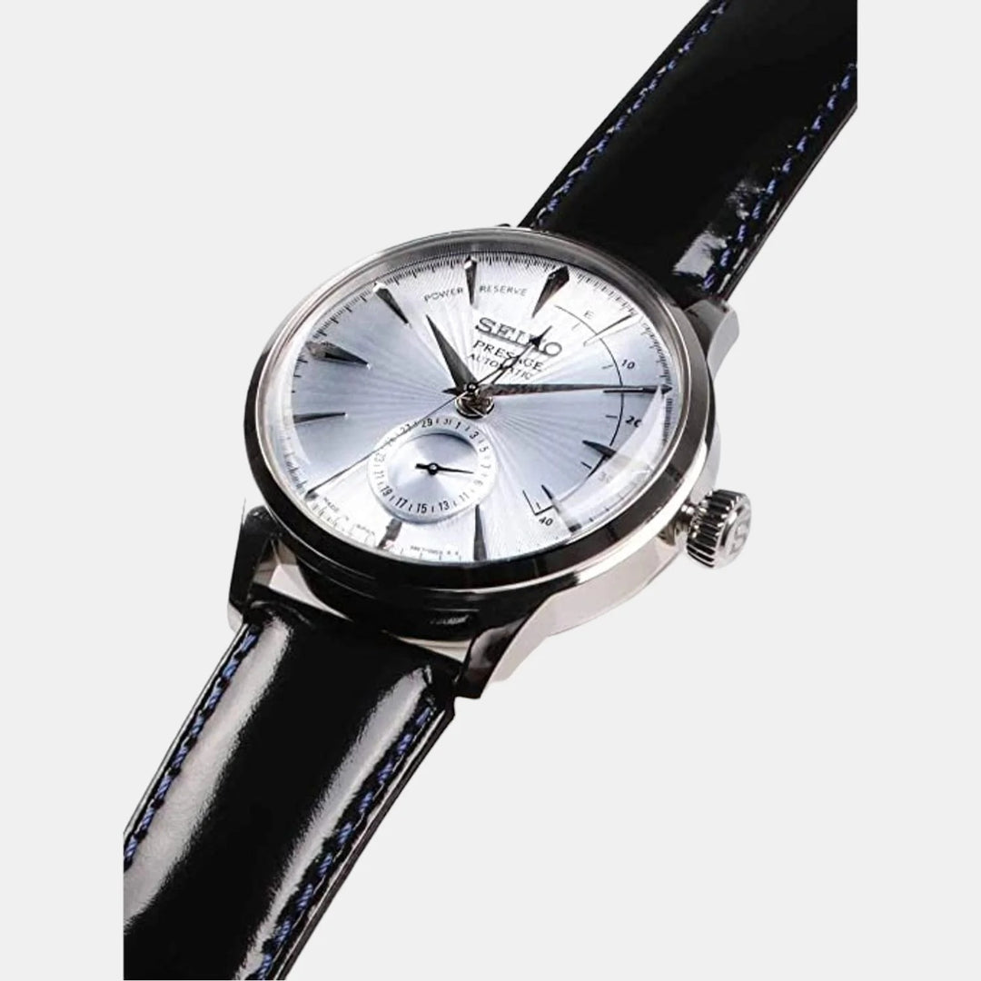 SEIKO PRESAGE COCKTAIL TIME SKYDIVING AUTOMATIC WATCH – 40.5MM ICE BLUE SUNRAY DIAL POWER RESERVE LEATHER STRAP