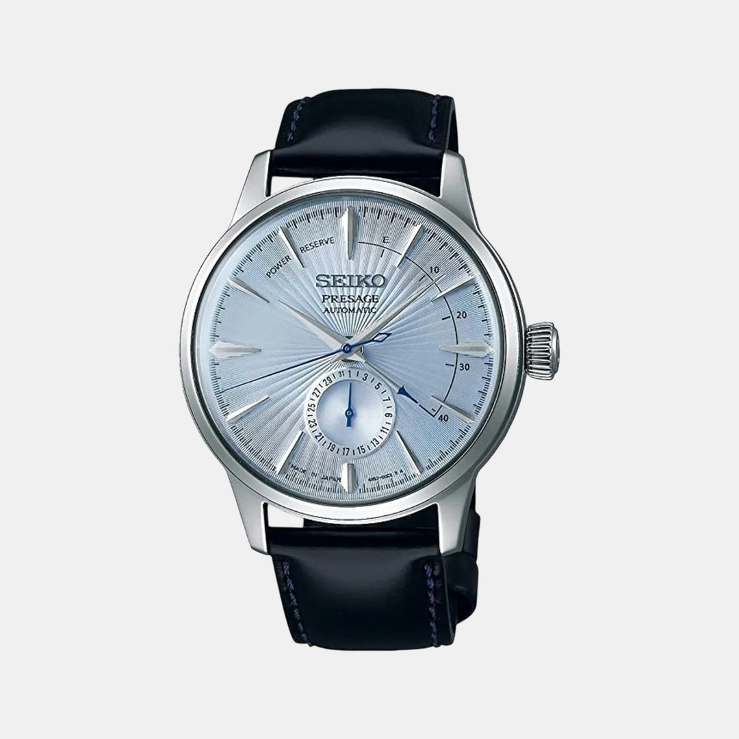 SEIKO PRESAGE COCKTAIL TIME SKYDIVING AUTOMATIC WATCH – 40.5MM ICE BLUE SUNRAY DIAL POWER RESERVE LEATHER STRAP