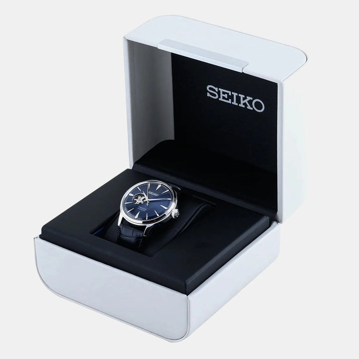 SEIKO PRESAGE COCKTAIL TIME BLUE MOON OPEN HEART AUTOMATIC WATCH – 40.5MM BLUE DIAL LEATHER STRAP