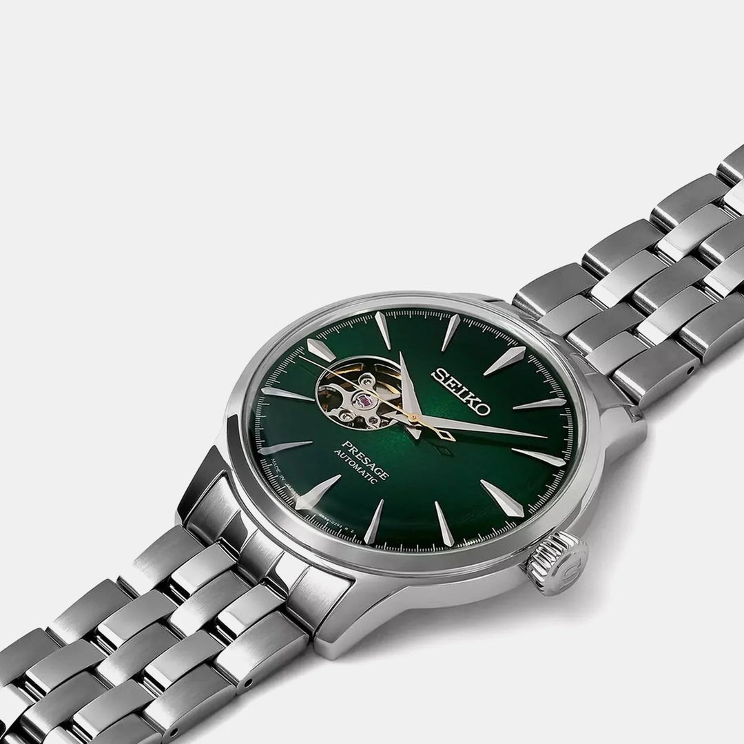 SEIKO PRESAGE COCKTAIL TIME GRASSHOPPER OPEN HEART AUTOMATIC WATCH – 40.5MM GREEN DIAL STEEL BRACELET