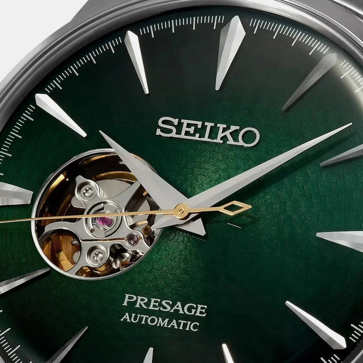 SEIKO PRESAGE COCKTAIL TIME GRASSHOPPER OPEN HEART AUTOMATIC WATCH – 40.5MM GREEN DIAL STEEL BRACELET