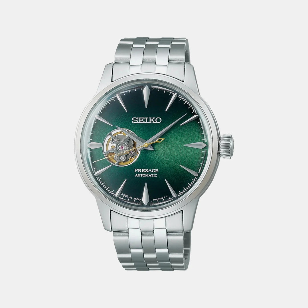 SEIKO PRESAGE COCKTAIL TIME GRASSHOPPER OPEN HEART AUTOMATIC WATCH – 40.5MM GREEN DIAL STEEL BRACELET