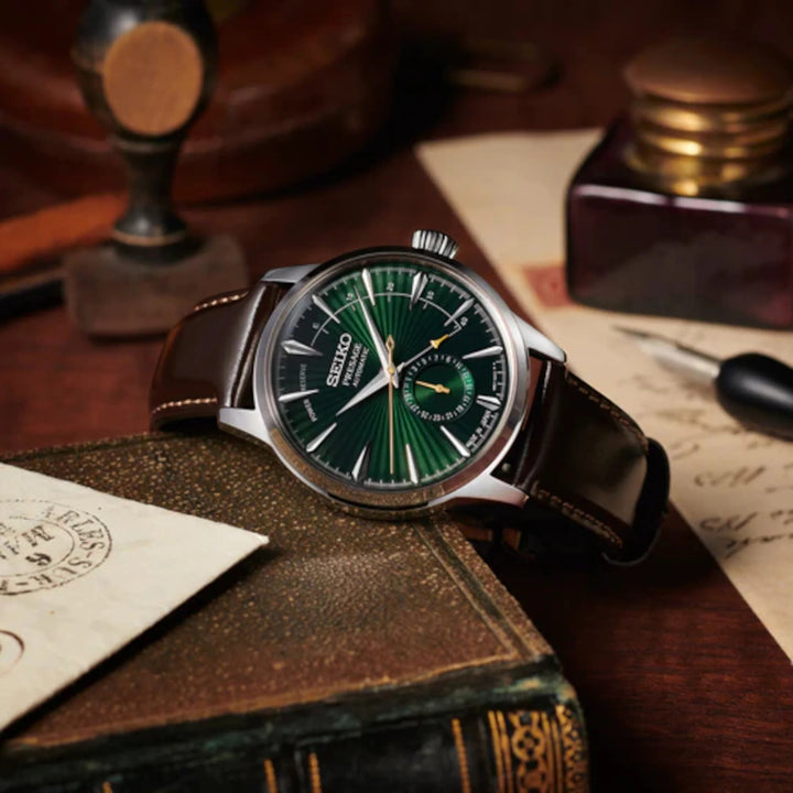SEIKO PRESAGE COCKTAIL TIME MIDNIGHT MOCKINGBIRD AUTOMATIC WATCH – 40.5MM DEEP GREEN SUNRAY DIAL POWER RESERVE LEATHER STRAP