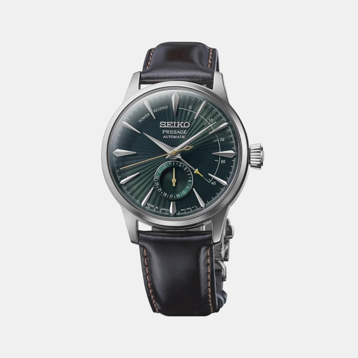 SEIKO PRESAGE COCKTAIL TIME MIDNIGHT MOCKINGBIRD AUTOMATIC WATCH – 40.5MM DEEP GREEN SUNRAY DIAL POWER RESERVE LEATHER STRAP