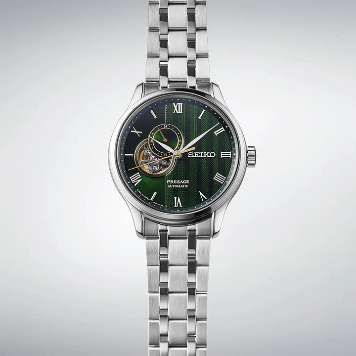 SEIKO PRESAGE ZEN GARDEN OPEN HEART AUTOMATIC WATCH – 41.8MM FERN GREEN KARESANSUI DIAL SAPPHIRE CRYSTAL STEEL BRACELET