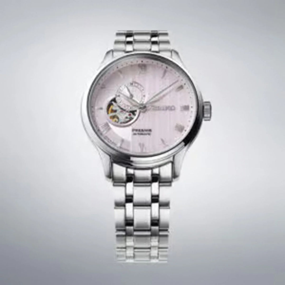 SEIKO PRESAGE ZEN GARDEN KYOTO CHERRY BLOSSOM OPEN HEART AUTOMATIC WATCH – 41.8MM PALE PINK KARESANSUI DIAL SAPPHIRE CRYSTAL STEEL BRACELET