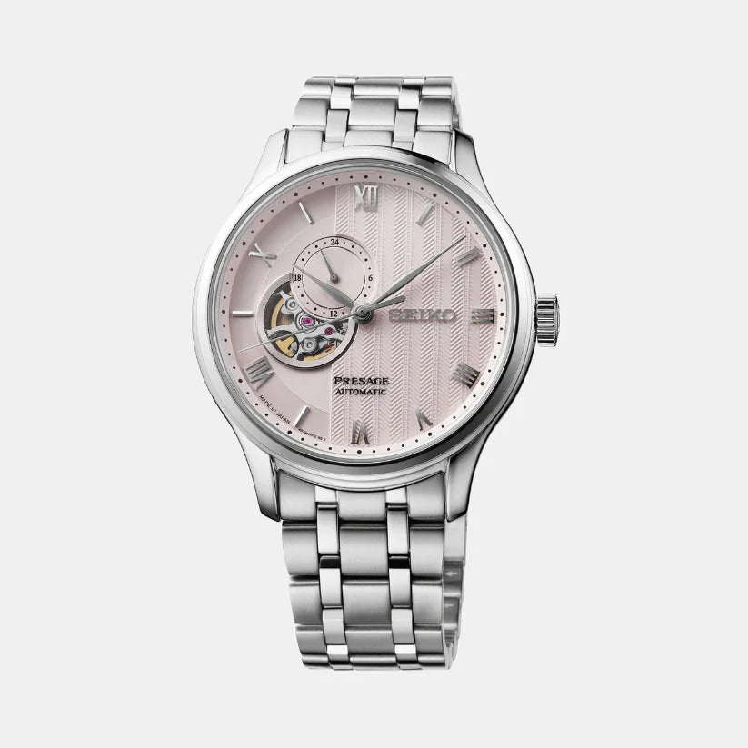 SEIKO PRESAGE ZEN GARDEN KYOTO CHERRY BLOSSOM OPEN HEART AUTOMATIC WATCH – 41.8MM PALE PINK KARESANSUI DIAL SAPPHIRE CRYSTAL STEEL BRACELET