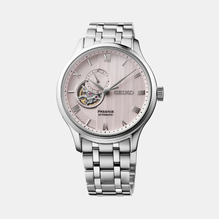 SEIKO PRESAGE ZEN GARDEN KYOTO CHERRY BLOSSOM OPEN HEART AUTOMATIC WATCH – 41.8MM PALE PINK KARESANSUI DIAL SAPPHIRE CRYSTAL STEEL BRACELET