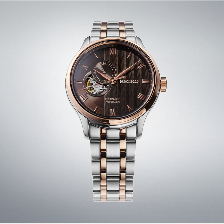 SEIKO PRESAGE ZEN GARDEN KYOTO AUTUMN LEAVES OPEN HEART AUTOMATIC WATCH – 41.8MM RICH BROWN KARESANSUI DIAL SAPPHIRE CRYSTAL STEEL BRACELET