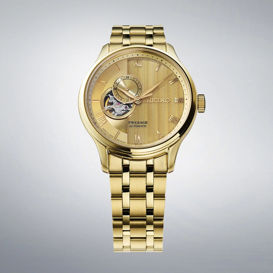 SEIKO PRESAGE ZEN GARDEN KYOTO GOLDEN AGE OPEN HEART AUTOMATIC WATCH – 41.8MM GOLD KARESANSUI DIAL SAPPHIRE CRYSTAL GOLD-TONE STEEL BRACELET