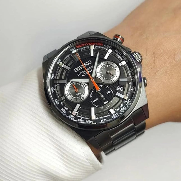 SEIKO NEO SPORTS CHRONOGRAPH QUARTZ WATCH – 41MM BLACK DIAL BLACK IP CASE STEEL BRACELET