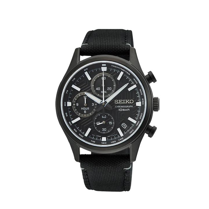 SEIKO DRESS CHRONOGRAPH QUARTZ WATCH – 39.5MM BLACK DIAL SAPPHIRE CRYSTAL 12-HOUR CHRONO NYLON STRAP