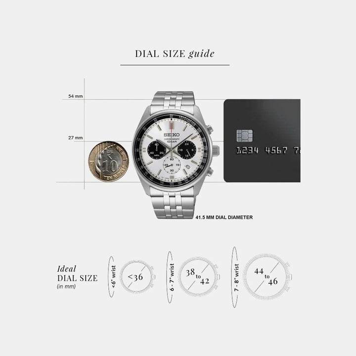 SEIKO MOTORSPORTS PANDA CHRONOGRAPH QUARTZ WATCH – 41.5MM WHITE SILVER PANDA DIAL STEEL BRACELET