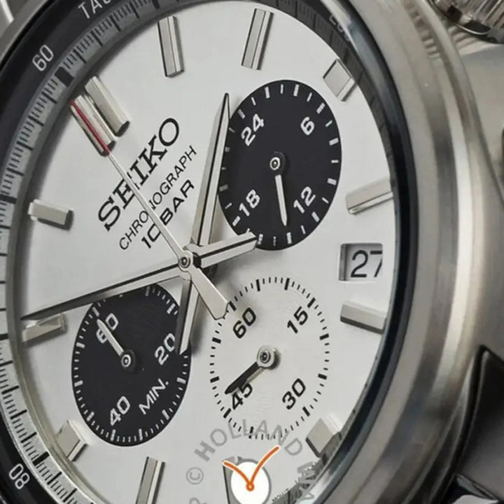 SEIKO MOTORSPORTS PANDA CHRONOGRAPH QUARTZ WATCH – 41.5MM WHITE SILVER PANDA DIAL STEEL BRACELET