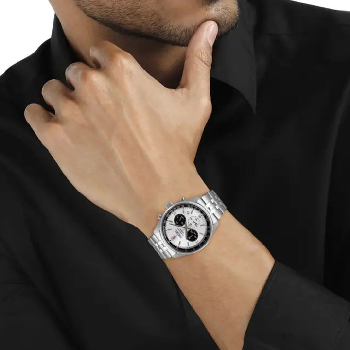 SEIKO MOTORSPORTS PANDA CHRONOGRAPH QUARTZ WATCH – 41.5MM WHITE SILVER PANDA DIAL STEEL BRACELET