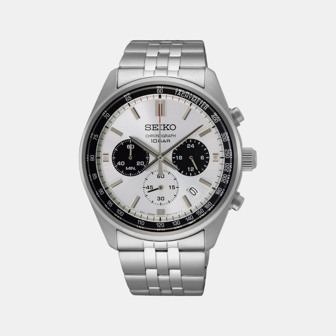 SEIKO MOTORSPORTS PANDA CHRONOGRAPH QUARTZ WATCH – 41.5MM WHITE SILVER PANDA DIAL STEEL BRACELET