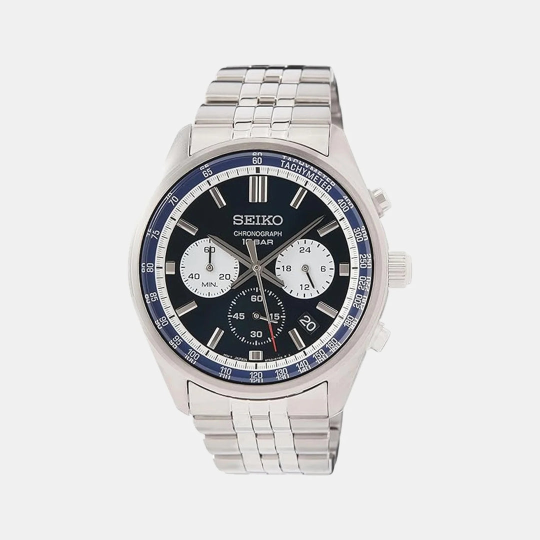 SEIKO CHRONOGRAPH QUARTZ WATCH – 41.5MM BLUE AND WHITE DIAL STEEL BRACELET
