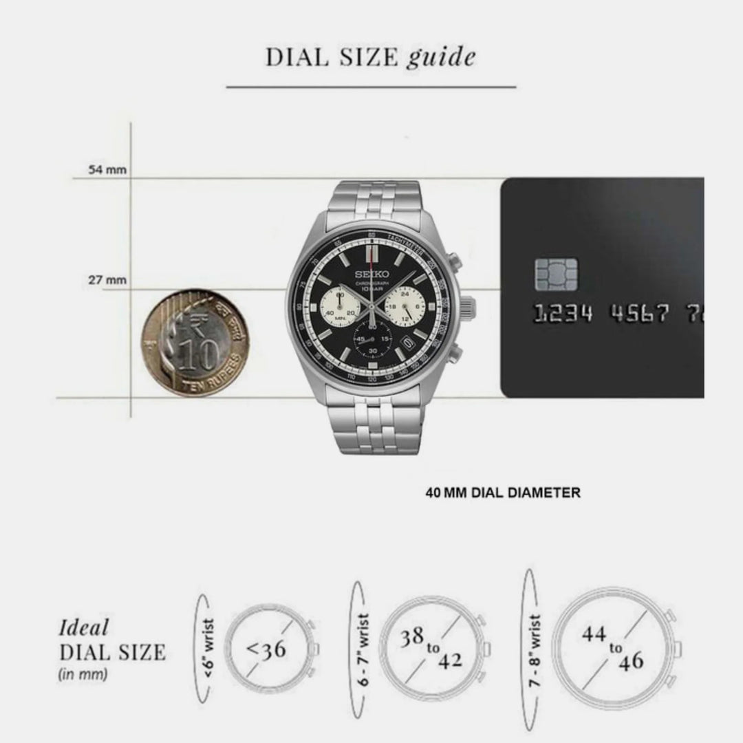 SEIKO CHRONOGRAPH QUARTZ WATCH – 41.5MM BLACK DIAL STEEL BRACELET