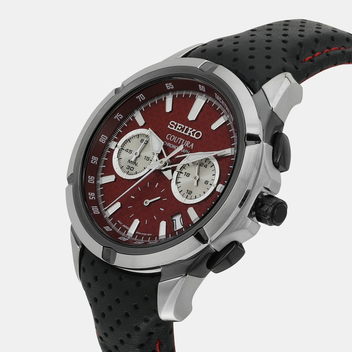 SEIKO COUTURA MOTOR SPORT CHRONOGRAPH QUARTZ WATCH – 42MM RED DIAL SAPPHIRE CRYSTAL LEATHER STRAP