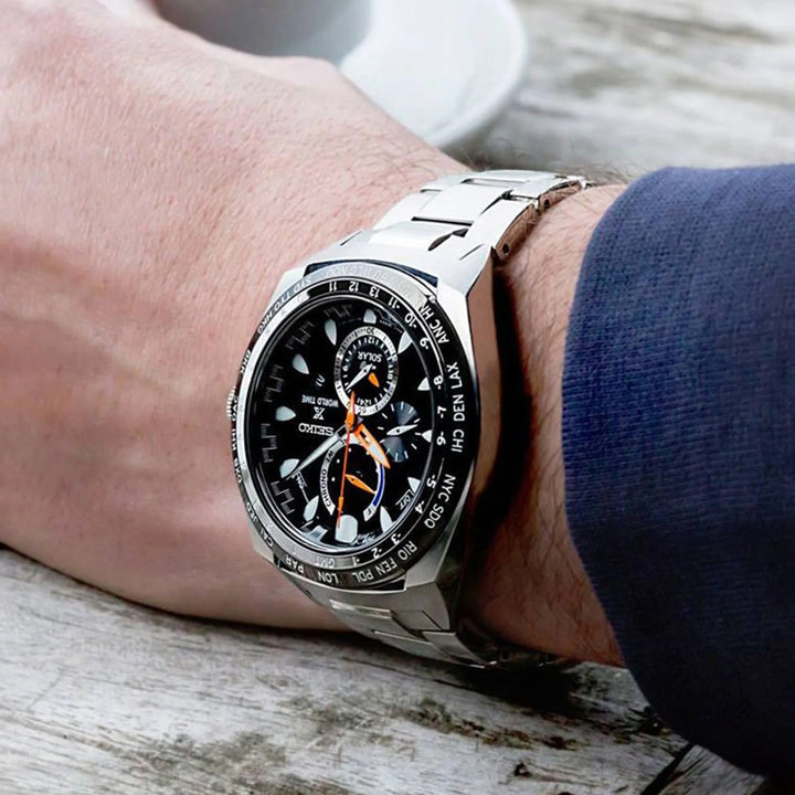 SEIKO PROSPEX SOLAR WORLD TIME CHRONOGRAPH WATCH – 44.6MM BLACK DIAL SAPPHIRE CRYSTAL STEEL BRACELET