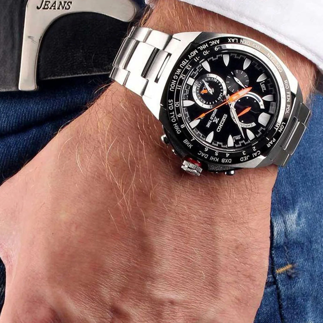 SEIKO PROSPEX SOLAR WORLD TIME CHRONOGRAPH WATCH – 44.6MM BLACK DIAL SAPPHIRE CRYSTAL STEEL BRACELET
