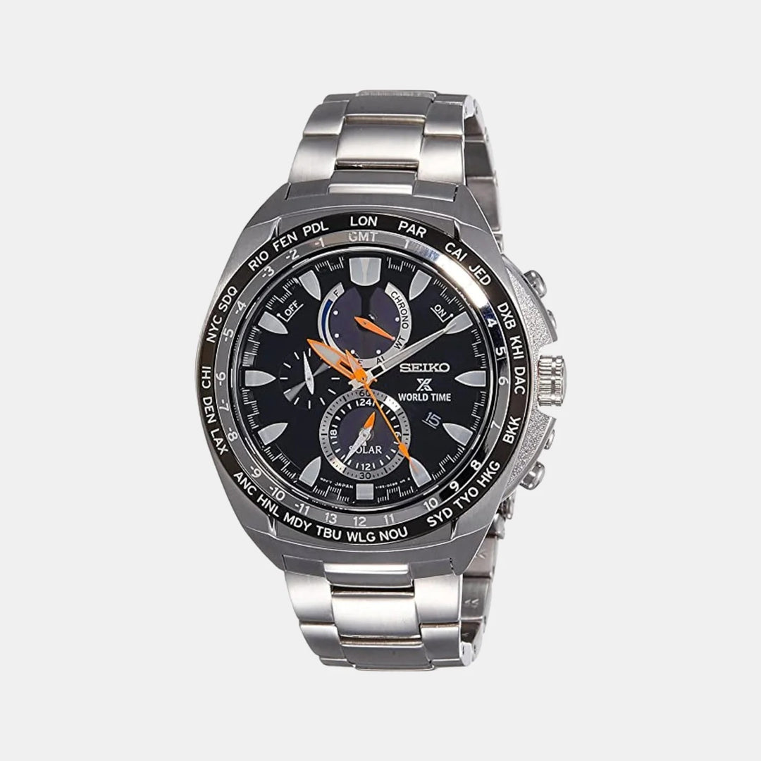 SEIKO PROSPEX SOLAR WORLD TIME CHRONOGRAPH WATCH – 44.6MM BLACK DIAL SAPPHIRE CRYSTAL STEEL BRACELET