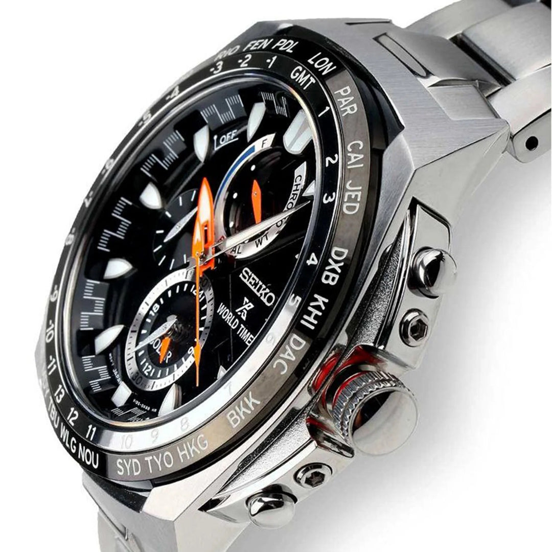 SEIKO PROSPEX SOLAR WORLD TIME CHRONOGRAPH WATCH – 44.6MM BLACK DIAL SAPPHIRE CRYSTAL STEEL BRACELET