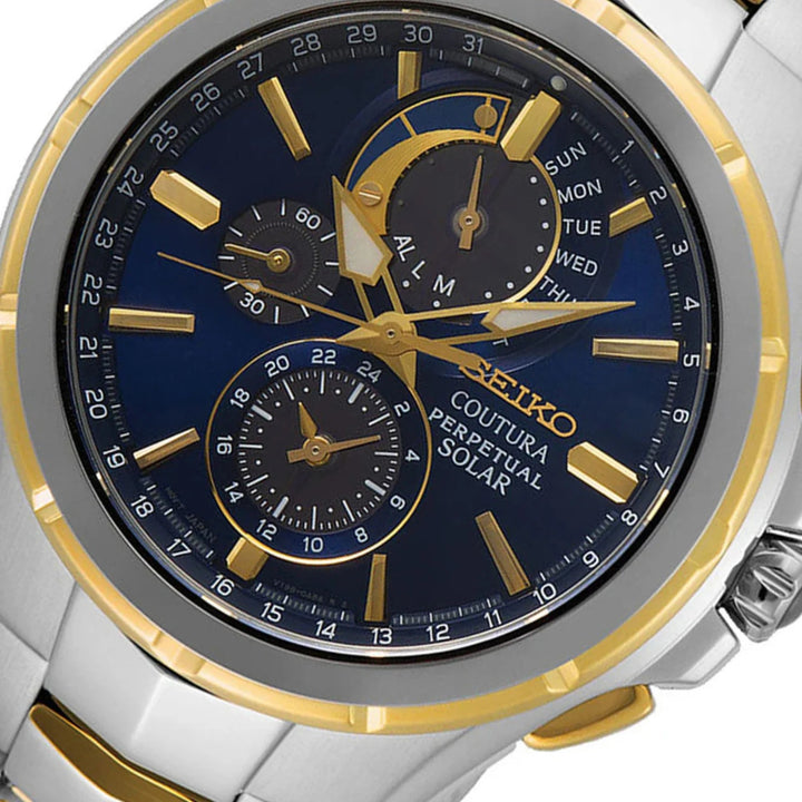 SEIKO COUTURA PERPETUAL SOLAR CHRONOGRAPH WATCH – 44MM BLUE SUNRAY DIAL SAPPHIRE CRYSTAL GOLD TONE STEEL BRACELET
