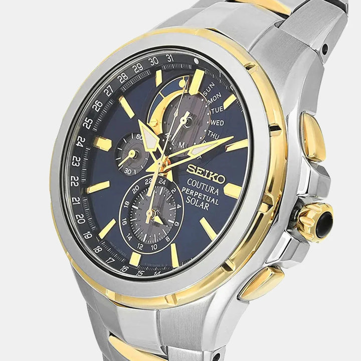 SEIKO COUTURA PERPETUAL SOLAR CHRONOGRAPH WATCH – 44MM BLUE SUNRAY DIAL SAPPHIRE CRYSTAL GOLD TONE STEEL BRACELET