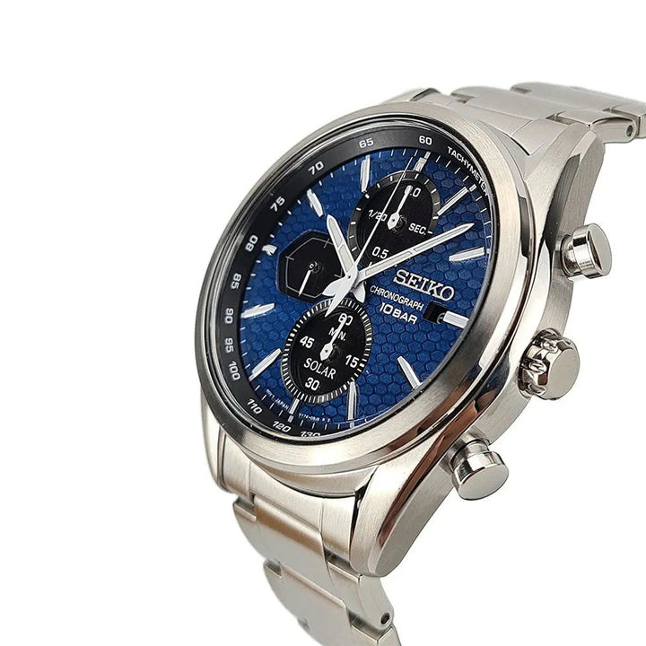 SEIKO SOLAR CHRONOGRAPH WATCH – 41.4MM BLUE DIAL SAPPHIRE CRYSTAL STEEL BRACELET