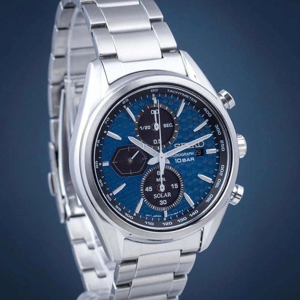 SEIKO SOLAR CHRONOGRAPH WATCH – 41.4MM BLUE DIAL SAPPHIRE CRYSTAL STEEL BRACELET