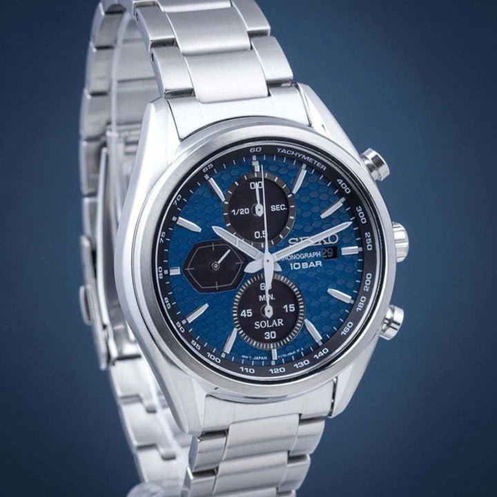 SEIKO SOLAR CHRONOGRAPH WATCH – 41.4MM BLUE DIAL SAPPHIRE CRYSTAL STEEL BRACELET