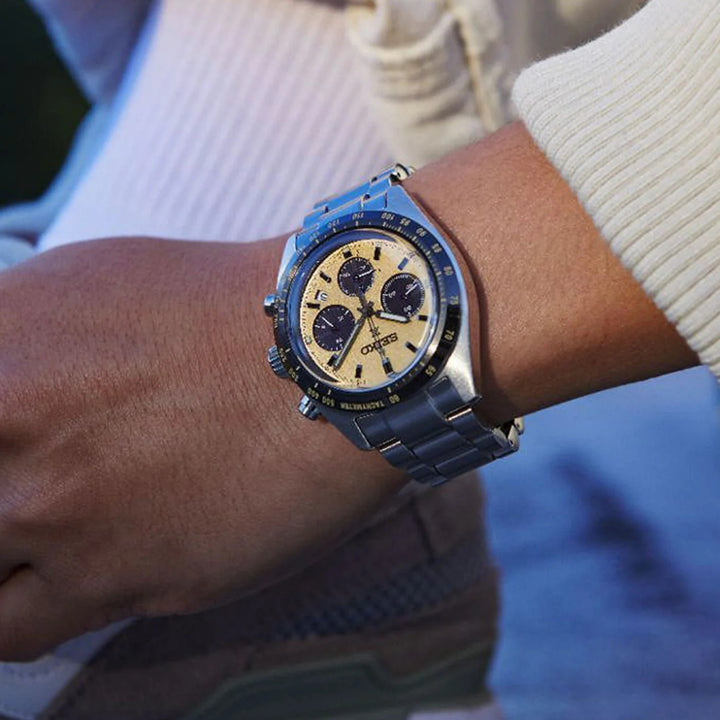SEIKO PROSPEX SPEEDTIMER 1969 HERITAGE SOLAR CHRONOGRAPH WATCH – 39MM CREAM DIAL SAPPHIRE CRYSTAL STEEL BRACELET