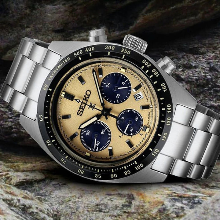 SEIKO PROSPEX SPEEDTIMER 1969 HERITAGE SOLAR CHRONOGRAPH WATCH – 39MM CREAM DIAL SAPPHIRE CRYSTAL STEEL BRACELET