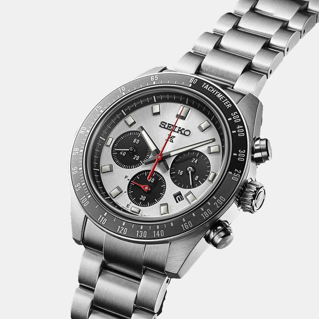 SEIKO PROSPEX SPEEDTIMER GO LARGE SOLAR CHRONOGRAPH WATCH – 41.4MM SILVER WHITE DIAL SAPPHIRE CRYSTAL STEEL BRACELET
