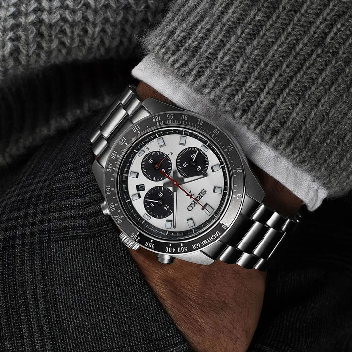 SEIKO PROSPEX SPEEDTIMER GO LARGE SOLAR CHRONOGRAPH WATCH – 41.4MM SILVER WHITE DIAL SAPPHIRE CRYSTAL STEEL BRACELET