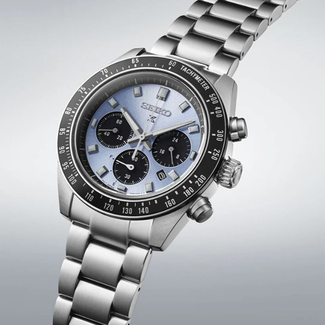 SEIKO PROSPEX SPEEDTIMER CRYSTAL TROPHY SOLAR CHRONOGRAPH WATCH – 41.4MM PALE BLUE TRANSPARENT DIAL SAPPHIRE CRYSTAL STEEL BRACELET