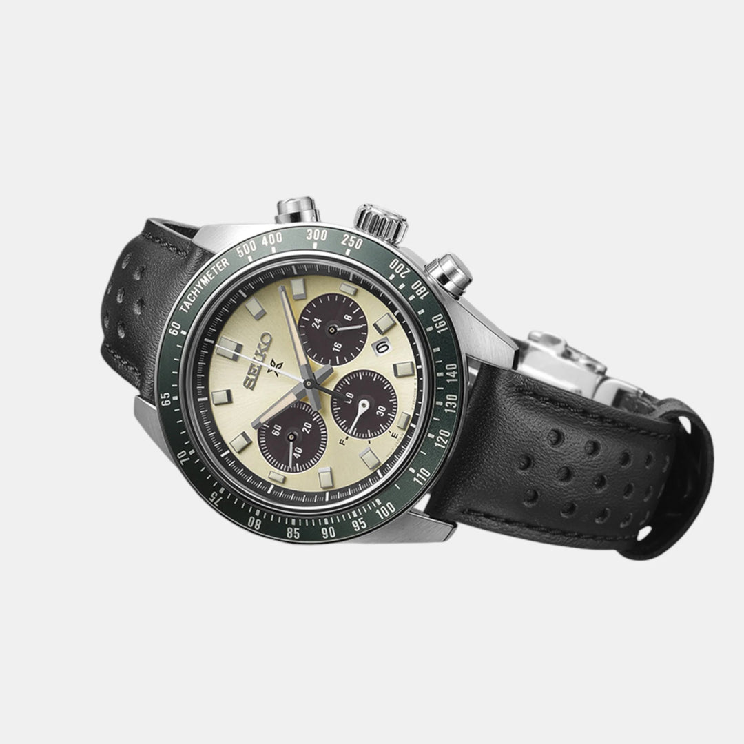 SEIKO PROSPEX SPEEDTIMER RACING SPORTS SOLAR CHRONOGRAPH WATCH – 41.4MM CREAM DIAL SAPPHIRE CRYSTAL PERFORATED LEATHER STRAP