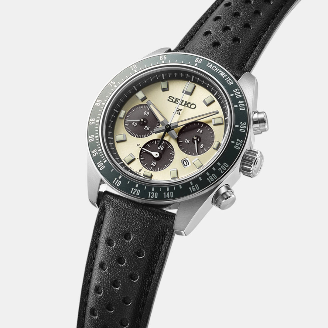 SEIKO PROSPEX SPEEDTIMER RACING SPORTS SOLAR CHRONOGRAPH WATCH – 41.4MM CREAM DIAL SAPPHIRE CRYSTAL PERFORATED LEATHER STRAP