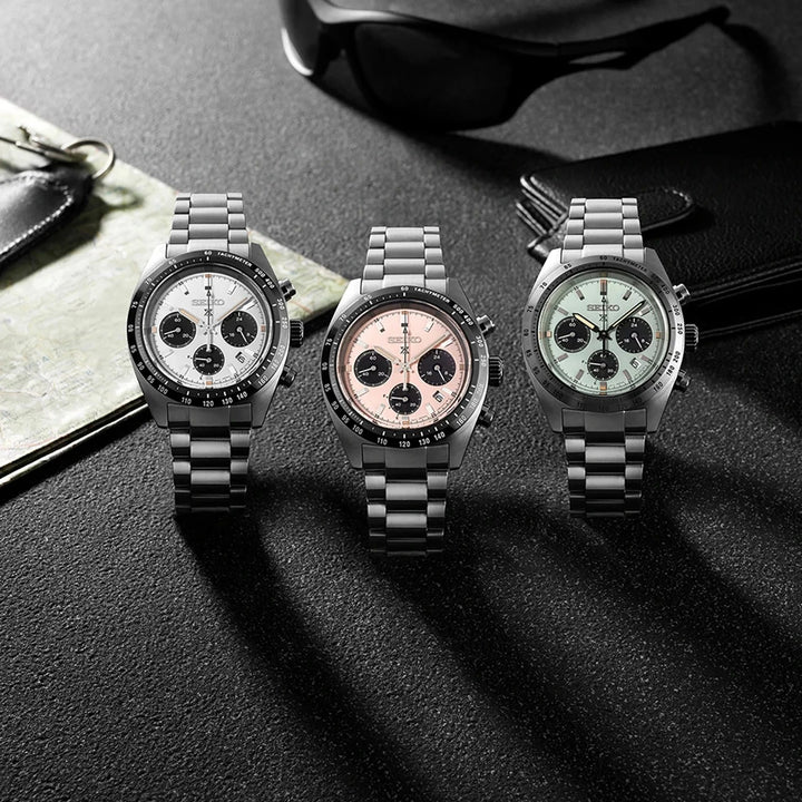SEIKO PROSPEX SPEEDTIMER YOUNGTIMER SOLAR CHRONOGRAPH WATCH – 39MM WHITE PANDA DIAL SAPPHIRE CRYSTAL STEEL BRACELET