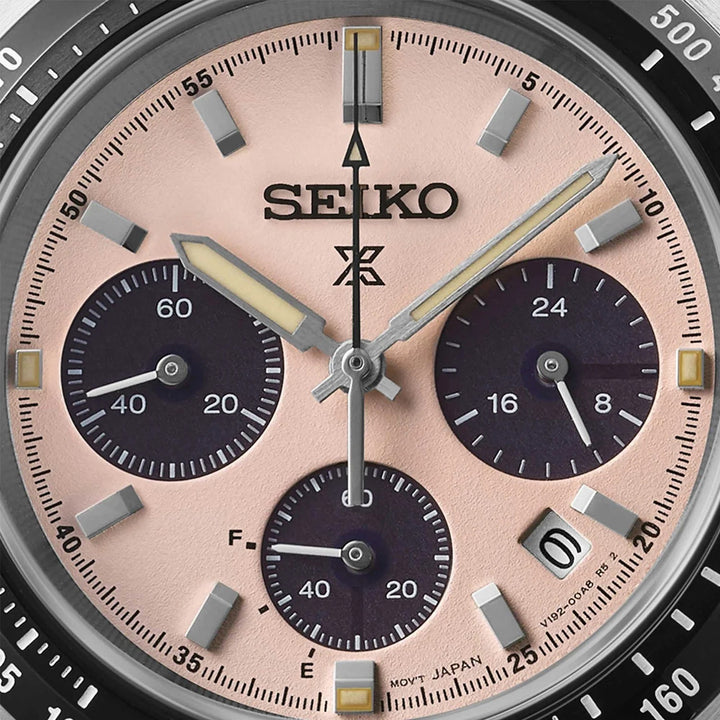 SEIKO PROSPEX SPEEDTIMER YOUNGTIMER SOLAR CHRONOGRAPH WATCH – 39MM PALE PINK DIAL SAPPHIRE CRYSTAL STEEL BRACELET