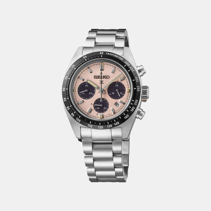 SEIKO PROSPEX SPEEDTIMER YOUNGTIMER SOLAR CHRONOGRAPH WATCH – 39MM PALE PINK DIAL SAPPHIRE CRYSTAL STEEL BRACELET