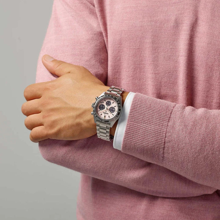 SEIKO PROSPEX SPEEDTIMER YOUNGTIMER SOLAR CHRONOGRAPH WATCH – 39MM PALE PINK DIAL SAPPHIRE CRYSTAL STEEL BRACELET