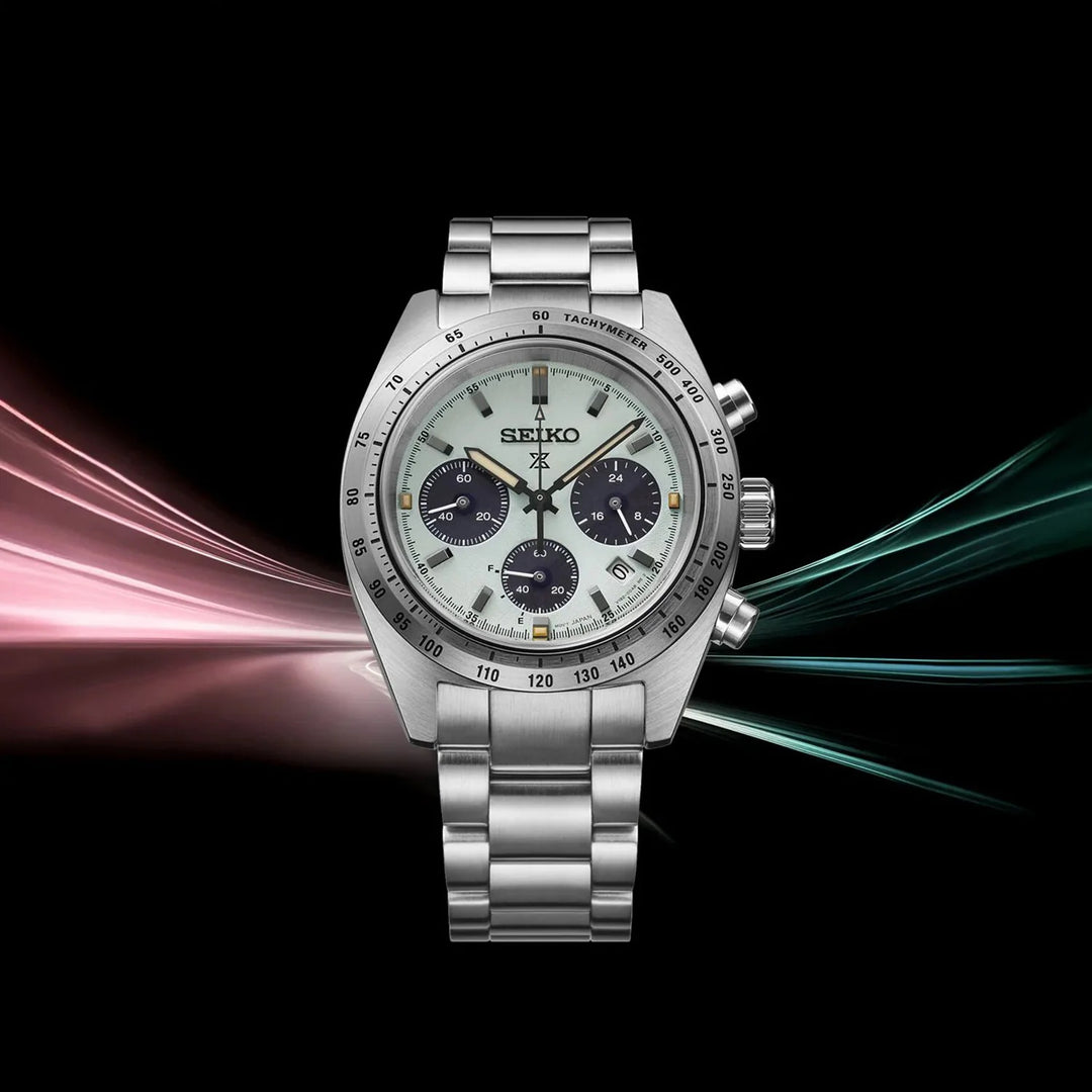 SEIKO PROSPEX SPEEDTIMER YOUNGTIMER SOLAR CHRONOGRAPH WATCH – 39MM MINT GREEN DIAL SAPPHIRE CRYSTAL STEEL BRACELET