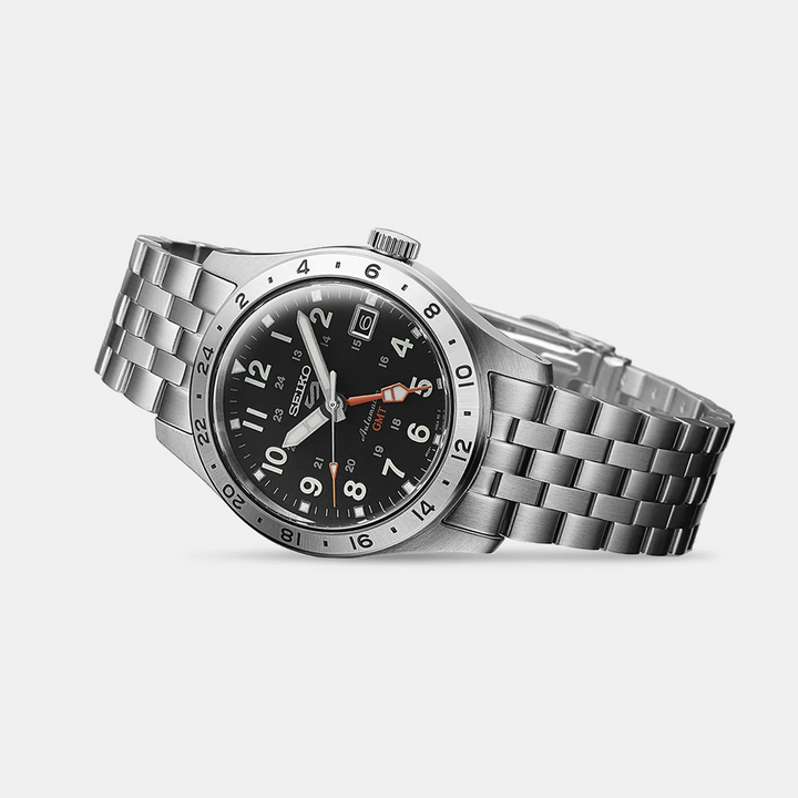SEIKO 5 SPORTS FIELD GMT AUTOMATIC WATCH – 39.4MM BLACK ARABIC NUMERAL DIAL ORANGE GMT HAND STEEL BRACELET