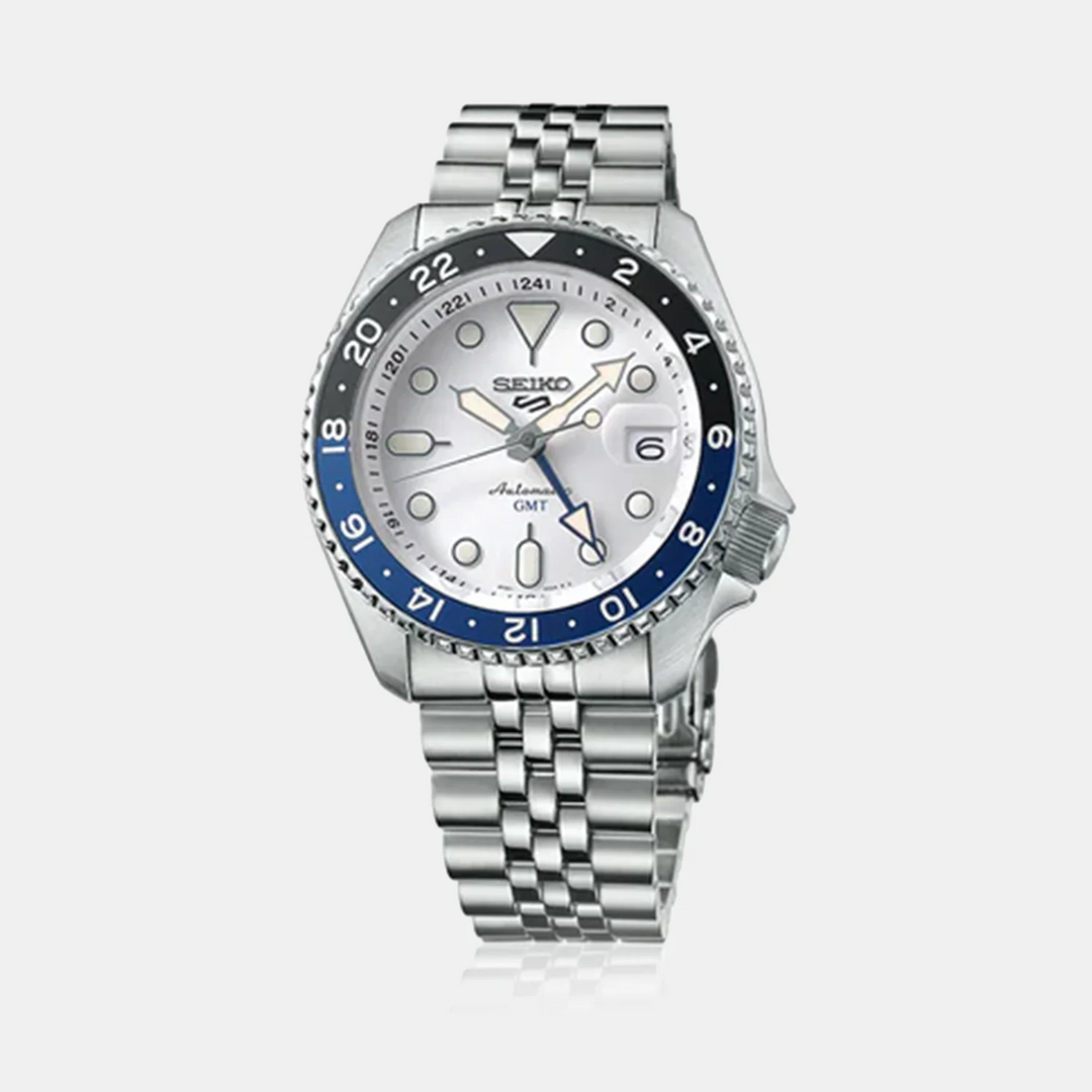 SEIKO 5 SPORTS SKX SPORTS STYLE GMT AUTOMATIC WATCH – 42.5MM SILVER WHITE DIAL BLUE GMT HAND JUBILEE BRACELET