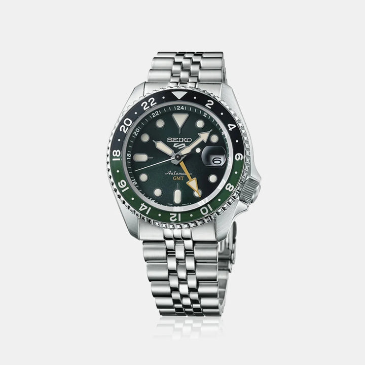 SEIKO 5 SPORTS SKX SPORTS STYLE GMT AUTOMATIC WATCH – 42.5MM GREEN DIAL BI-COLOUR GREEN BEZEL JUBILEE BRACELET