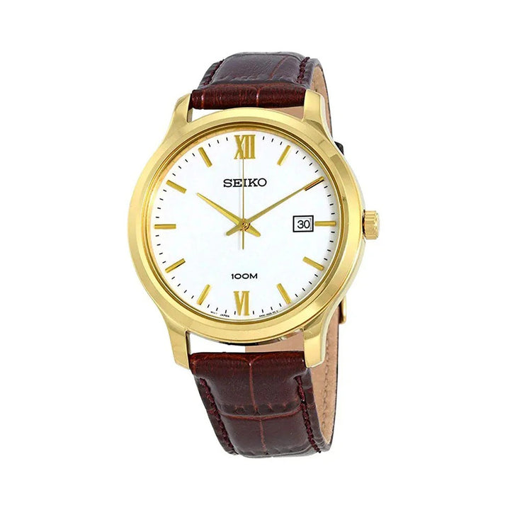 SEIKO NEO CLASSIC QUARTZ WATCH – 41MM WHITE ROMAN NUMERAL DIAL BROWN LEATHER STRAP